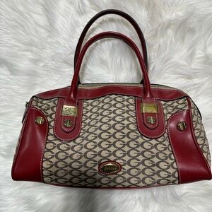 Guess Beige Signature Canvas Boston style handbag with Red Leather Trim
